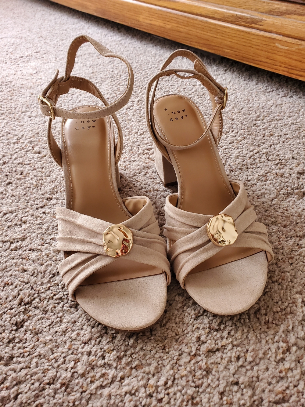 a new day Beige Block Heel Sandals with Gold Medallion